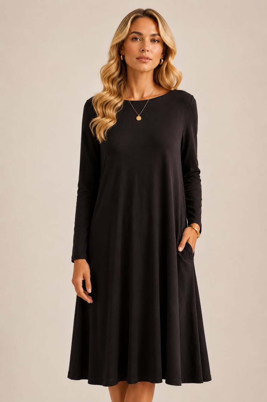 Eileen Fisher Petite Quiet Luxury Minimalist Black A-Line Midi Dress PL